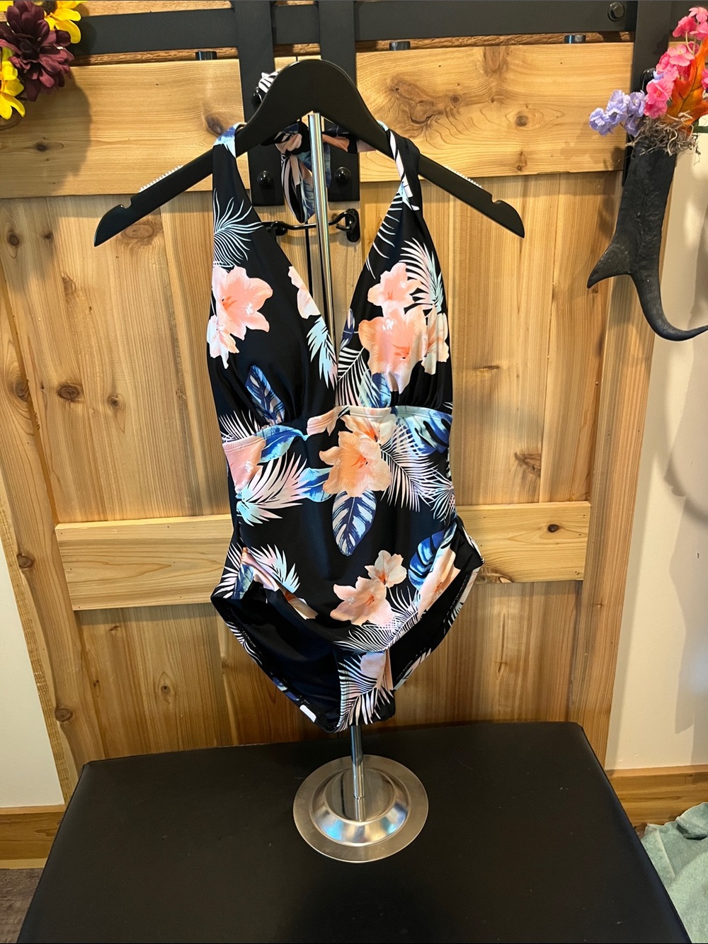 DKNY Black One-Piece Swimsuit with Coral & Blue Floral Print